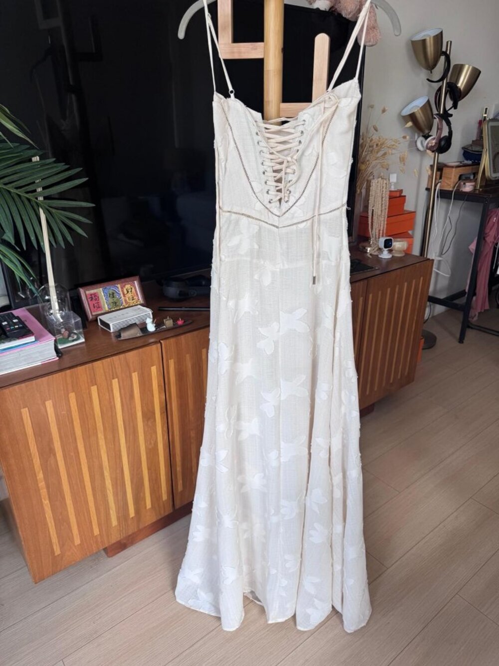 Floral Jacquard Corset Maxi Dress Cream High Slit Spaghetti Strap S